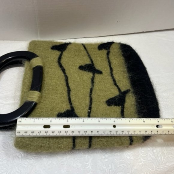 Wool Green w/Birds Double Wooden Handle Handbag Purse Hnadmade - Picture 10 of 13